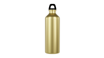 Golden metal water bottle with bung isolated on transparent and white background. Bottle concept. 3D render