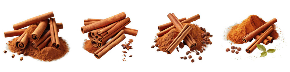 Cinnamon sticks and cinnamon powder  Hyperrealistic Highly Detailed Isolated On Transparent Background Png File