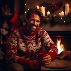 Przystojny mężczyzna ubrany w biało-czerwony świąteczny sweter, który siedzi przy kominku - obrazy, fototapety, plakaty