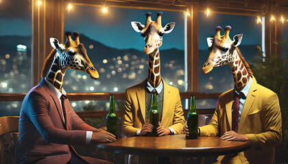 Three Giraffes drinking at a bar
