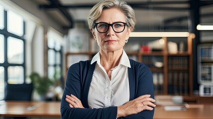 a stern frowning mature female office manager with arms crossed , generated by AI - obrazy, fototapety, plakaty