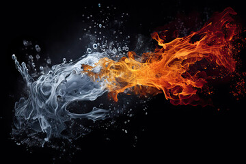 Water and Fire Clashing Midair in Dramatic Encounter with Black background