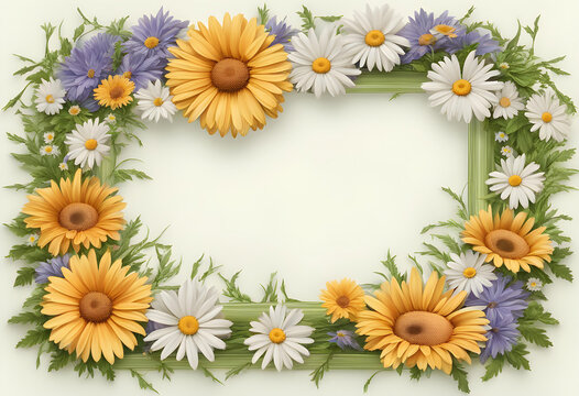 Floral frame, wreath of flowers, daisies, in the edges of the picture