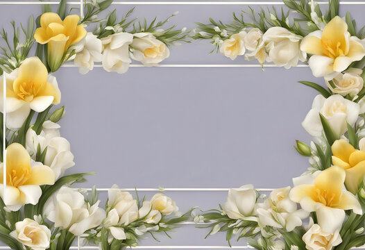 Floral frame, wreath of flowers, freesia, just in the edges of the picture