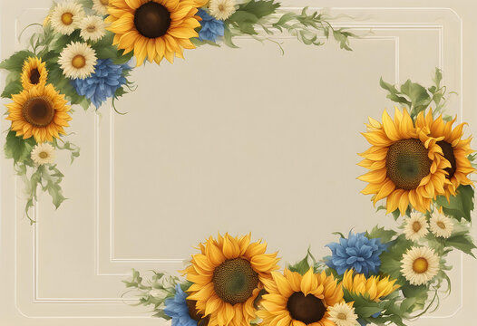Floral frame, wreath of flowers, sunflowers, just in the edges of the picture