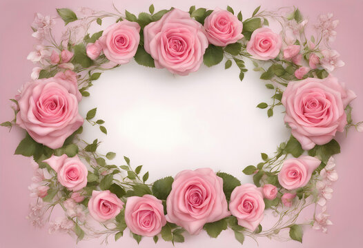 Floral frame, wreath of flowers, pink roses, just in the edges of the picture