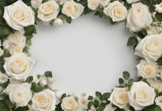 Floral frame, wreath of flowers, white roses, just in the edges of the picture