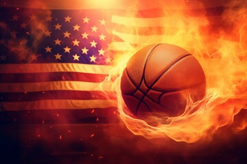 Cinematic Victory: Witness the Dynamic Explosion of a Basketball, Flames Dancing Around the USA Flag, Illuminated in a Cinematic Light Background, Symbolizing Fiery Passion and National Pride