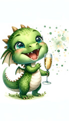 Fototapeta premium Illustration of a cheerful green dragon holding a glass of champagne on a white background - green, watercolor, delicate and whimsical style, ideal for holiday cards
