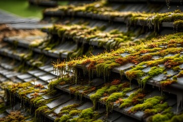 wet moss on a roofwet moss on a roo - obrazy, fototapety, plakaty