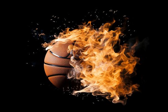 Hoops Inferno: Witness the Explosive Dissolving of a Basketball, Flames Enveloping in Cinematic Light, Creating a Dynamic Background Wallpaper of Athletic Power and Passion