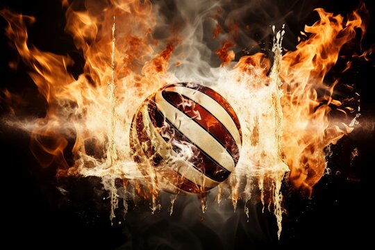 Patriotic Blaze: A Cinematic Background Wallpaper featuring an Exploding Basketball, Flames Engulfing the USA Flag, Capturing the Dynamic Energy and Pride of Athletic Triumph