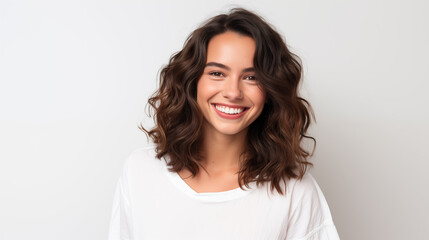Naklejka premium Portrait of a young and beautiful brunette woman on white background, smiles and laughs to the camera. Advertising concept.