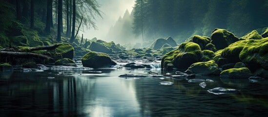 The river flowed gently its pure water reflecting the untouched beauty of nature with backgrounds of lush green grass a serene landscape of majestic rocks and the invigorating power of a bre