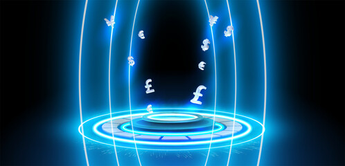Futuristic Currency Portal with British Pounds Floating in a Neon Blue Hologram The portal is a blue neon circle with a smaller circle in the center. - obrazy, fototapety, plakaty