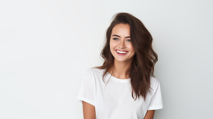 
Portrait of a young and beautiful brunette woman on white background, smiles and laughs to the camera. Advertising concept.