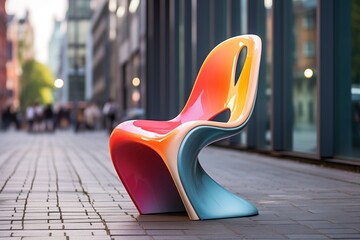 a luxurious extravagant colorful chair in the middle of a pedestrian street. Advertisement for furniture store. Generative AI