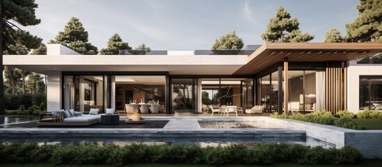 Fototapeta na wymiar The design of the house captivates peoples attention with its wooden structure white walls and marble elements it exudes a luxurious and inviting atmosphere The interior promotes health and