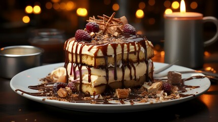 A chocolate dessert with ice cream and chocolate