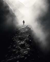 Man climbing a mountain in the mist. Conquering the summit even though the route is not always...
