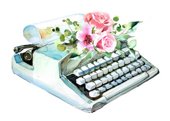 Beautiful watercolor hand painted vintage typewriters with flowers illustrations isolated on a white background. Romantic writer concept design set.