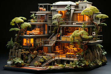 Miniature architectural house with rooms and corridors with house plants lush overgrowth made with AI