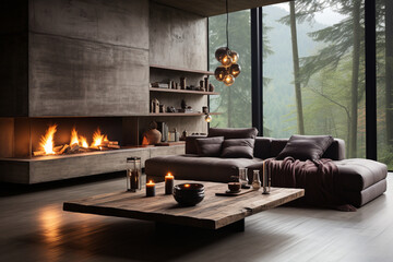 Minimalist style interior design of modern living room with fireplace made with AI