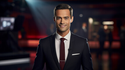 Fototapeta premium Commanding Presence Portrait of a Presenter in the Dynamic Atmosphere of a TV Studio