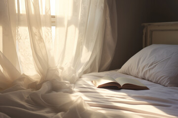 Book on bed with white linen near the window in a sunny morning