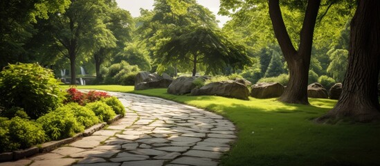 The beautiful summer landscape showcased a stunning background of lush green gardens with a natural stone path leading through the park highlighting the captivating outdoor beauty of nature 