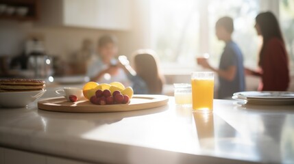 A family preparing breakfast in absolute, a photo focused on the table - obrazy, fototapety, plakaty