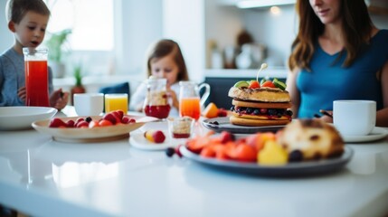 A family preparing breakfast in absolute, a photo focused on the table