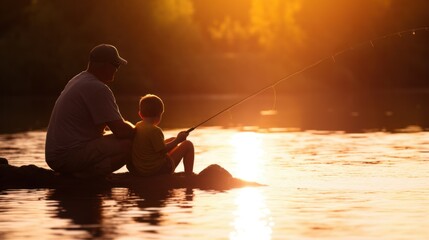 Father and son fishing at sunset - obrazy, fototapety, plakaty