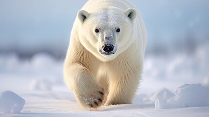 Arctic Ice Scene: Polar Bear Roams, Majestic in Snowy Fur and Massive Frame