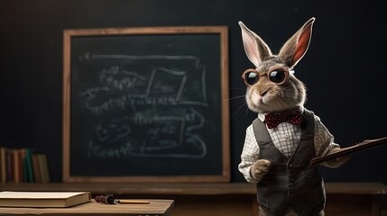 Classroom authority: a rabbit teacher stands with chalk, facing the lessons on the blackboard