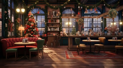 Fototapeta na wymiar Christmas cafe interior with Christmas tree and decorations.