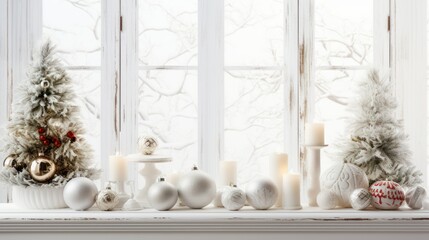 Christmas decoration with burning candles and baubles on wooden background.