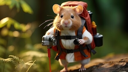The research hamster, with a backpack and magnifying glass, delves into its exploratory mission
