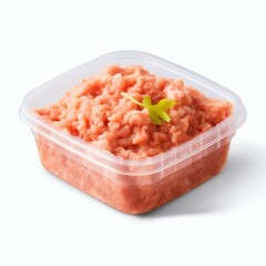 Fototapeta na wymiar Plastic Container with Fresh Raw Minced Chicken Isolated on White. Generative ai