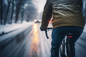 A manriding a bicycle back view on a city road in winter - obrazy, fototapety, plakaty