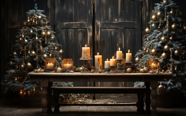 Christmas and New Year decoration with candles and fir tree.