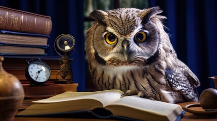 An intelligent owl with a collection of books and glasses