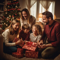 Rodzina otwierająca świąteczne prezenty przy choince w salonie - obrazy, fototapety, plakaty