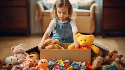 Child Organizing Toys and Clothes into Box at Home. Generative ai