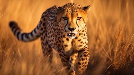 Across the Savannah, Sleek Cheetah Glides Gracefully, Spotted Coat Harmonizing with Golden Grass