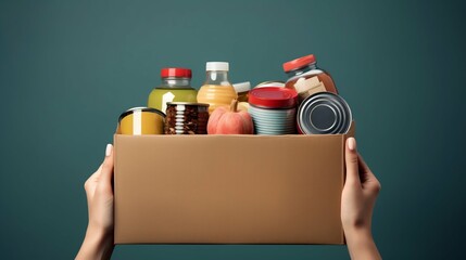Volunteer Woman Collecting Groceries in Donation Box. Generative ai