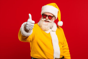 Fototapeta na wymiar santa claus wearing glasses pointing towards yellow background made with AI