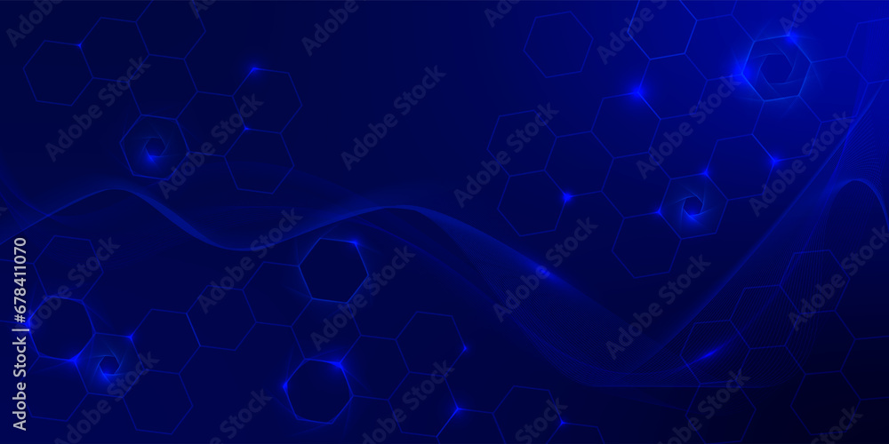 Poster digital technology background. dark blue abstract background of hexagons with lines and dots for pre