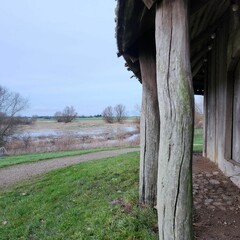 Wooden pillars that supports the reconstructed viking long house