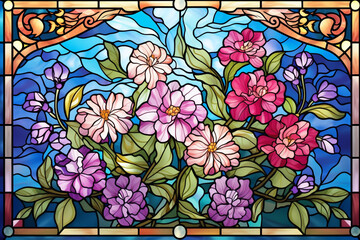 stain glass window with flowers, high resolution made with AI